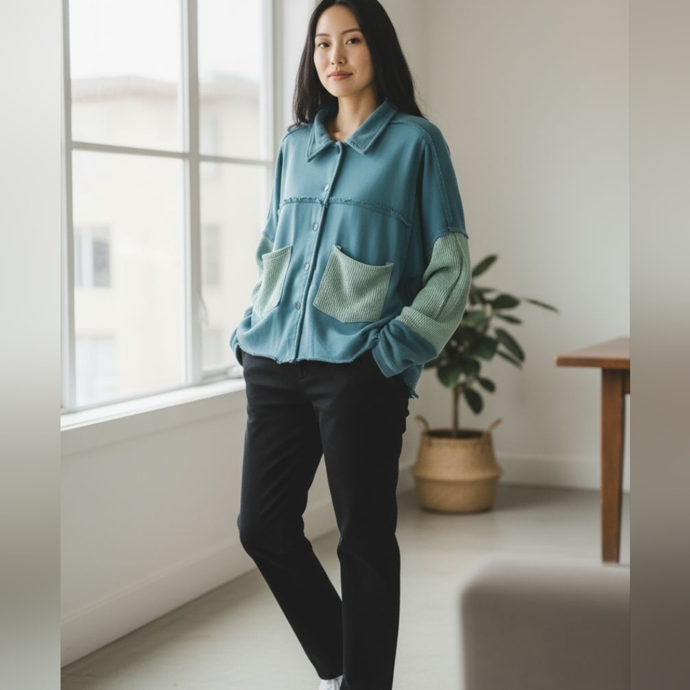 Pol Boho Patchwork Button Down Top Jacket Green T… - image 2